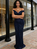 Sequin Off The Shoulder Sheath Column Navy Prom Dress