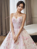 Pink Sweetheart Tulle Flowers A Line Prom Dress