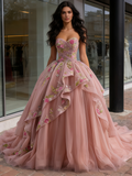 Tulle Ball Gown Ruffles Pink Sweetheart Appliques Prom Dress