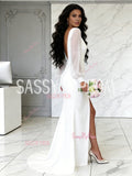 V Neck Ruched White Chiffon Long Sleeves Wedding Dress With Slit