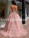 Tulle Ball Gown Ruffles Pink Sweetheart Appliques Prom Dress