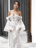 Long Sleeve Lace Detachable Off The Shoulder Mermaid Wedding Dress