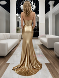 Trumpet Mermaid Lace Up Strapless Gold Satin Prom Dress