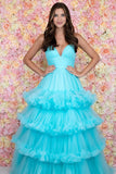 Red Tiered Ruffles Backless V-Neck Tulle Prom Dress