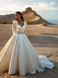 Beading Belt Long Sleeve Ball Gown Satin Sweetheart Wedding Dress