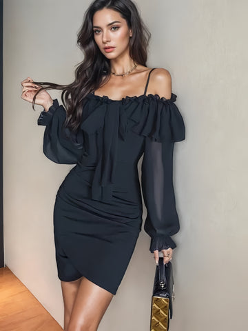 Unique Sleeve Off-Shoulder Black Dress