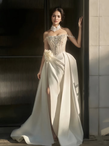 Satin Beading A Line Off The Shoulder Wedding Dress With Slit