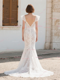 Cap Sleeves Sheer Trumpet Mermaid Lace Wedding Dress
