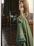 A Line Beading Satin Green Bow Prom Dress