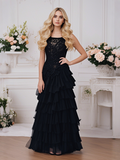 Black Lace Sheer Spaghetti Straps A Line Layer Prom Dress