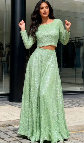 A Line Long Sleeve Simple Green Tulle Prom Dress