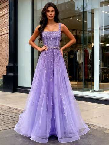Straps Beading Purple Tulle A Line Prom Dress