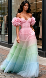 Tulle Flower A Line Pink Off The Shoulder Prom Dress With Pockets