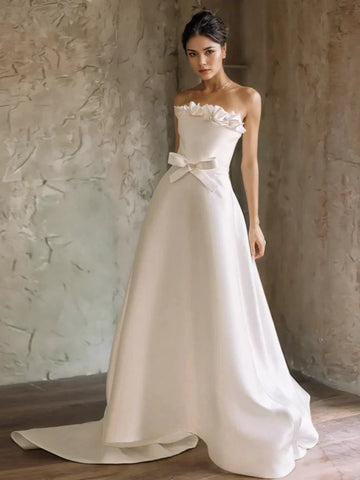 Strapless Sweep Train Satin A Line Bow Wedding Dress