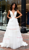 White Shiny Tulle Layers V Neck A Line Prom Dress