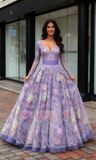 V Neck Beading Colorful Long Sleeves Purple Prom Dress