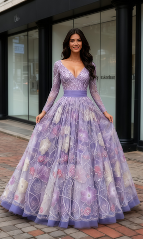 V Neck Beading Colorful Long Sleeves Purple Prom Dress