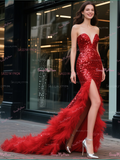 Sequin Trumpet Mermaid Red Sweetheart Prom Dress With Feather