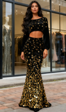 Two Piece Sheath Column Long Sleeve Black & Gold Prom Dress