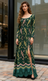 Green Square A Line Embroidery Long Sleeve Prom Dress With Slit