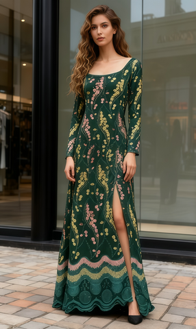 Green Square A Line Embroidery Long Sleeve Prom Dress With Slit