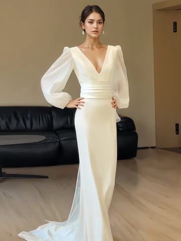 V Neck Trumpet Mermaid Long Sleeve Chiffon White Wedding Dress