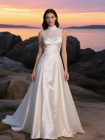 Lace A Line Satin A Line High Neck Wedding Dress
