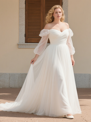 Long Sleeves Ruched Plus Size Off The Shoulder Wedding Dress