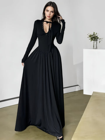 Neckline Tie Flowing Black Maxi Dress