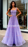 Straps Beading Purple Tulle A Line Prom Dress