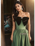 A Line Beading Satin Green Bow Prom Dress