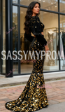Two Piece Sheath Column Long Sleeve Black & Gold Prom Dress
