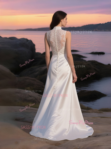 Lace A Line Satin A Line High Neck Wedding Dress Sassymyprom Lace A Line Satin A Line High Neck Wedding Dress Sassymyprom