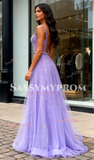 Straps Beading Purple Tulle A Line Prom Dress