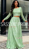 A Line Long Sleeve Simple Green Tulle Prom Dress