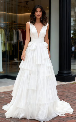 White Shiny Tulle Layers V Neck A Line Prom Dress