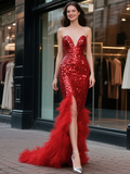 Sequin Trumpet Mermaid Red Sweetheart Prom Dress With Feather