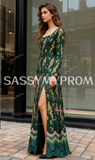 Green Square A Line Embroidery Long Sleeve Prom Dress With Slit