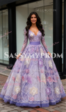 V Neck Beading Colorful Long Sleeves Purple Prom Dress