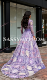 V Neck Beading Colorful Long Sleeves Purple Prom Dress