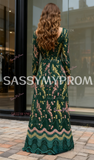 Green Square A Line Embroidery Long Sleeve Prom Dress With Slit