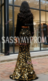 Two Piece Sheath Column Long Sleeve Black & Gold Prom Dress