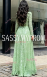 A Line Long Sleeve Simple Green Tulle Prom Dress