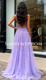 Straps Beading Purple Tulle A Line Prom Dress