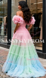 Tulle Flower A Line Pink Off The Shoulder Prom Dress With Pockets