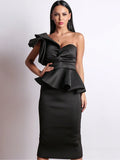 One-Shoulder Bowknot Black Midi Dress