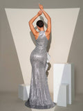 Asymmetric Bold Flower Silver Sequin Party Dress