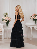 Black Lace Sheer Spaghetti Straps A Line Layer Prom Dress