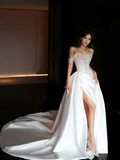 Beading A Line Satin Off The Shoulder Wedding Dress With Slit