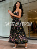 Flower Black A Line Spaghetti Straps Prom Dress